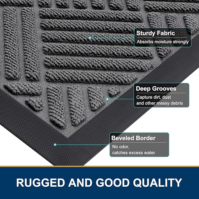 Smiry Front Door Mat Outside Entrance, Heavy Duty Outdoor Indoor Natural Rubber Doormat, Non Slip, Trap Dirt and Moisture, Easy Clean, Low Profile Patio Porch Entryway Mat, 59x23, Grey