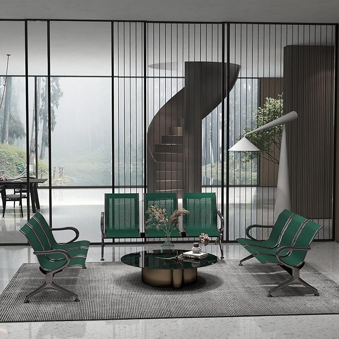 Kinfant 3-Seat Waiting Room Chair - Office Guest Reception Chairs with Ergonomic Backrests, Airport Waiting Bench with Armrests, Metal Waiting Furniture for Hospital, Bank (Dark Green, Set of 3)