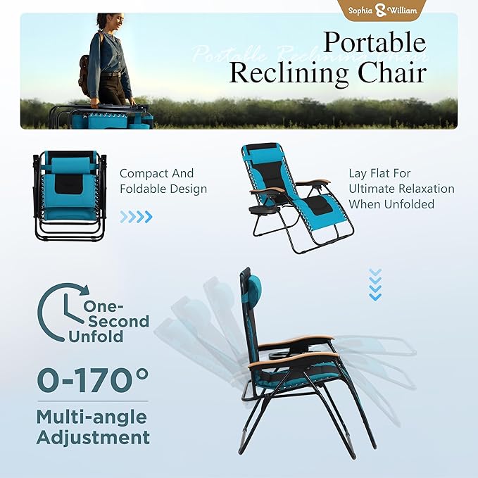 Sophia & William Oversized XL Zero Gravity Recliner Chair Set of 2 Padded Adjustable Folding Reclining Lounge Chair with Wide Armrest and Cup Holder, Support 400 LBS, Aqua