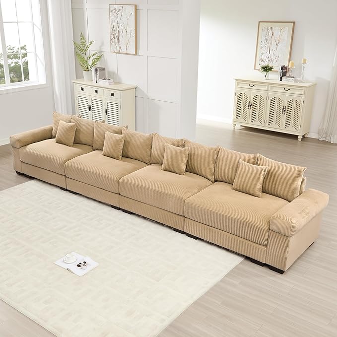 KEIKI 168" Oversized Corduroy Modular Cloud Sectional Sofa with High-Density Foam Cushions, Extra-Thick Armrest, Upholstered Modern 4-Seater Fluffy Corner Couch with 12 Pillow, for Living Room, Camel