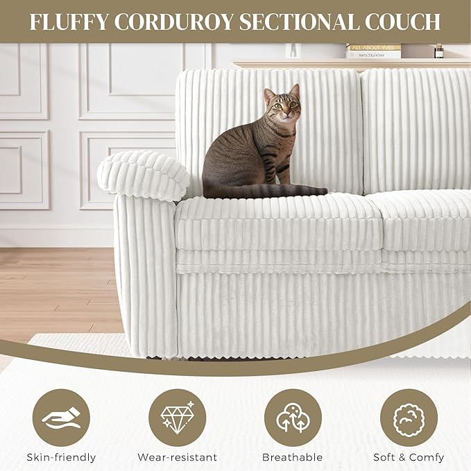 Modular Sectional Sleeper Sofa with Pull Out Bed, Storage Chaise & USB Charging, U Shaped Plush Corduroy Beige Sectional Couches for Living Room, Comfy Convertible 7 Seat Cloud Sofa Bed, Beige