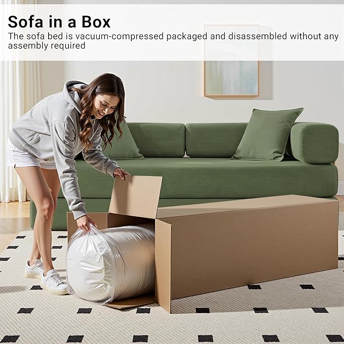 78" Convertible Sleeper Sofa Bed, Corduroy Folding Sofa Bed with Fixed-Shape Frame, Fold Out Floor Mattress Couch, Lazy Compression Sofas for Living Room, Bedroom, No Assembly Required, Green