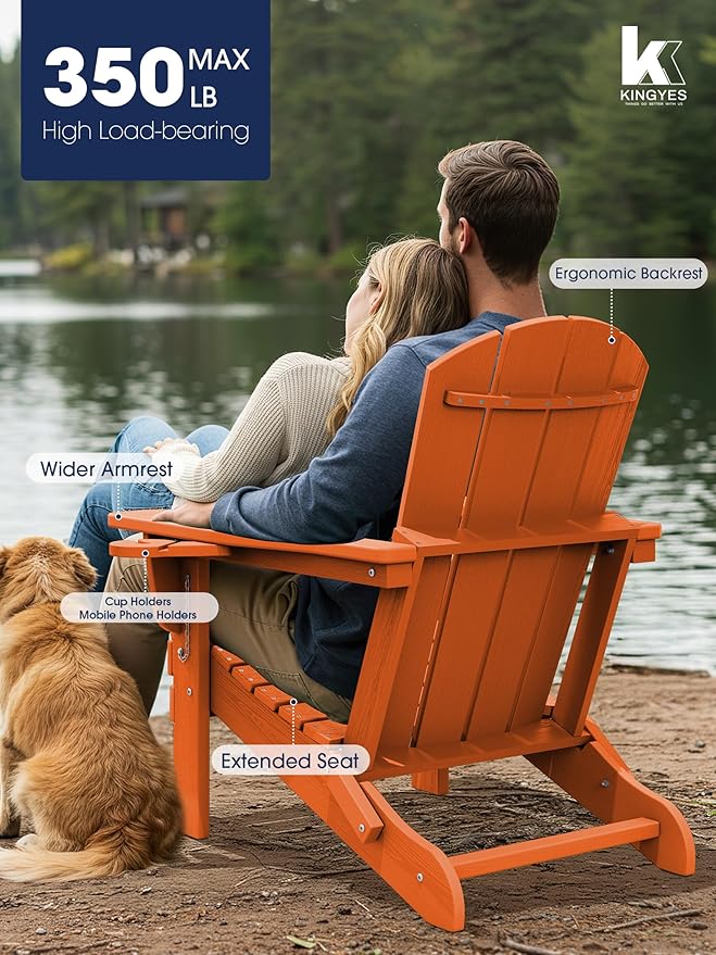 KINGYES Folding Adirondack Chair Set of 2, Dual Cup Holders & All-Weather HDPE, Wood-Like Patio Chair for Backyard, Camping, Pool & Fire Pit, Orange