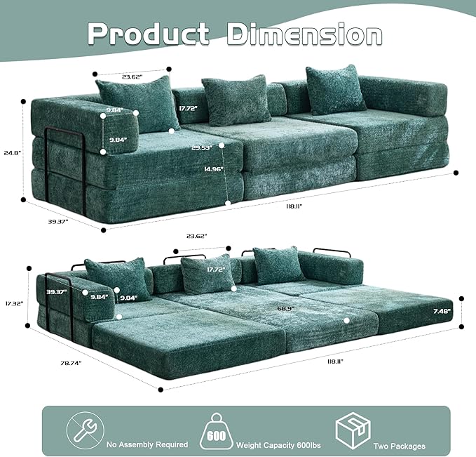 79" Convertible Sofa Bed with Pillows, Corduroy Folding Sleeper Sofa with Fixed-Shape Frame, Boneless Couch for Living Room Bedroom, Floor Sofa Lounge No Assembly Required (Modular Sofa - Green)