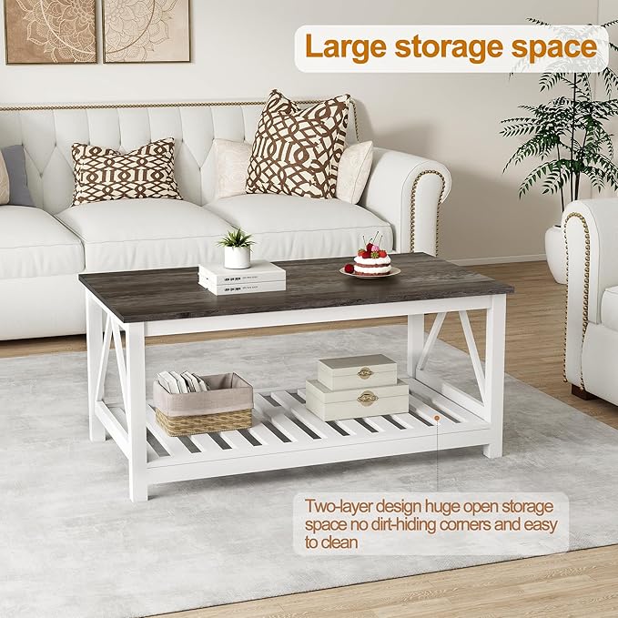 UYIHOME Farmhouse Coffee Table, White OakCoffee Table for Living Room, 2-Tier Rectangular Wooden Centre Cocktail Table with Slats Shelf Storage and V-Shaped Frame Modern Coffee Table Dark Oak