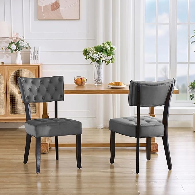 UVV Upholstered Dining Chairs Set of 2, Mid Century Modern Tufted Kitchen Chairs Dining Room Chairs, Velvet Dinner Chair with Wood Legs for Dining Room Kitchen, Dark Grey-Black Legs