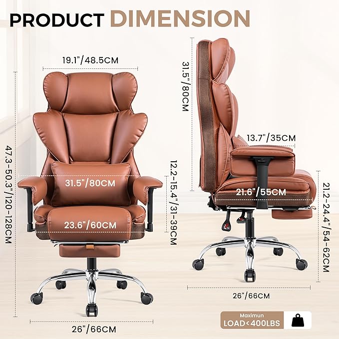 BESTFAIR Big and Tall Office Chair - 400 LBS Capacity Executive Chair with High Back & Footrest, Ergonomic Office Chair for Heavy People, Wide Padded Seat Computer Gaming Chair, Brown
