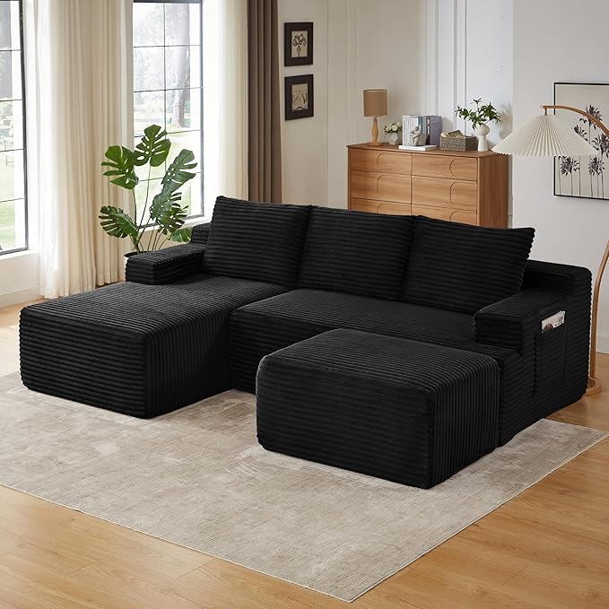 96" Sectional Couches for Living Room Cloud Couch Sofa with L-Shape Upholstered Boneless Couchs Modern Modular Sectional Couch with Chaise (Black, 96" W+Left Facing Chaise+2Seaters+Ottoman)