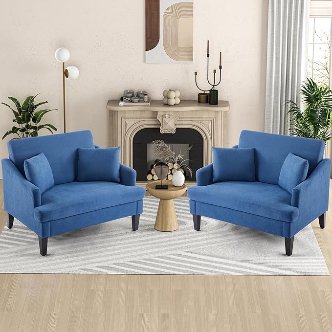 Bezseller Oversized Accent Chairs Set of 2, 33.5'' Wide Seat Comfy Armchair with 2 Pillows, Upholstered Big Reading Chair, Modern Single Sofa Chair for Living Room Bedroom Apartment Office, Blue