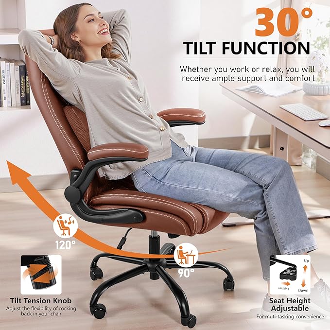 BESTFAIR Office Chair,Ergonomic Office Chair with Lumbar Support for Lower Back Pain Relief, Executive Leather Chair with Padded Flip-up Arms, Wheels and Adjustable Armrests, Brown