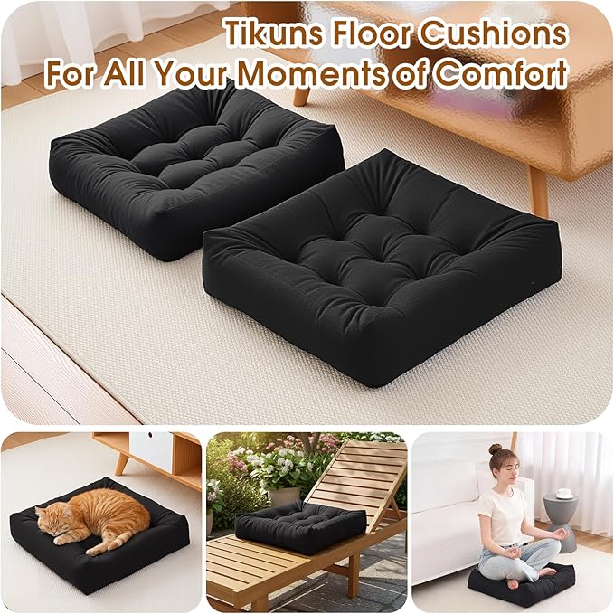 Tikuns 2Pcs Floor Pillows for Adults, 22 * 22 Inch Meditation Cushions, Large Square Sitting Cushion Living Room Memory Foam Pillow for Sitting (2, Black, 22x22x4 Inch)
