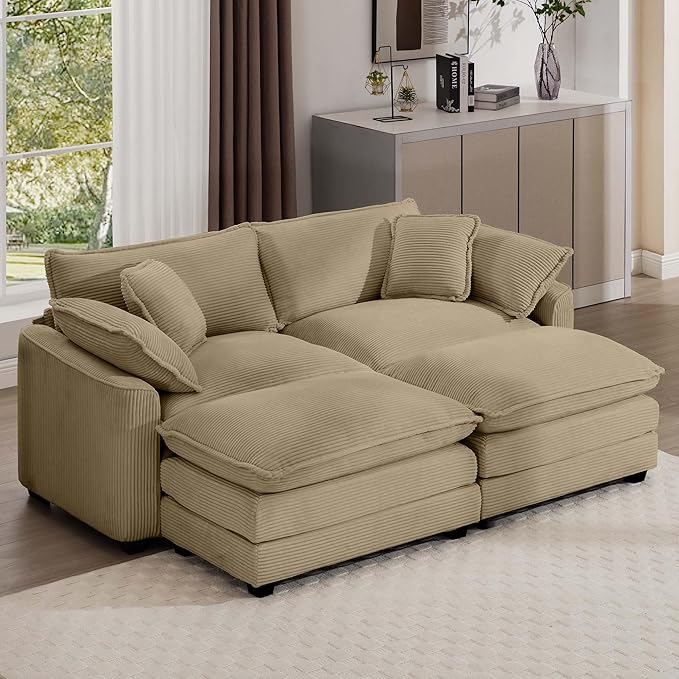 Aoowow Oversized Loveseat Couch with Ottomans,Modern Corduroy 2 Seater Cloud Couches for Living Room,Modular Sectional Cloud Sofas Deep Seat,Double Lounger Sleeper Sofa
