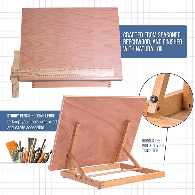 U.S. Art Supply Large 20-1/2" x 17" Wooden Drawing Board, Adjustable Table Top Easel for Painting and Drawing - Drafting Board with T-Square, Pencil Ledge