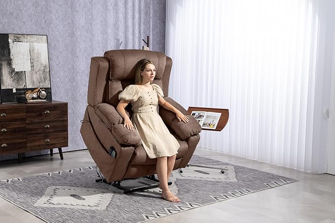 Oversized Lift Assist Recliner Chair with Massage Heating, Extra Wide Lay Flat Recliner Chairs with Lumbar Pillow, Flip Arm Storage Cup Holders and USB Type C Charging for Elderly Sleeping