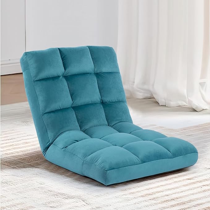HOMYEDAMIC Floor Chair, 24 inches Wide Oversized Velvet Armless Lay Flat Floor seat Padded Meditation Chair with 6 Adjustable Position Ergonomic Comfortable Convenient(LRSF-010-BLUE)