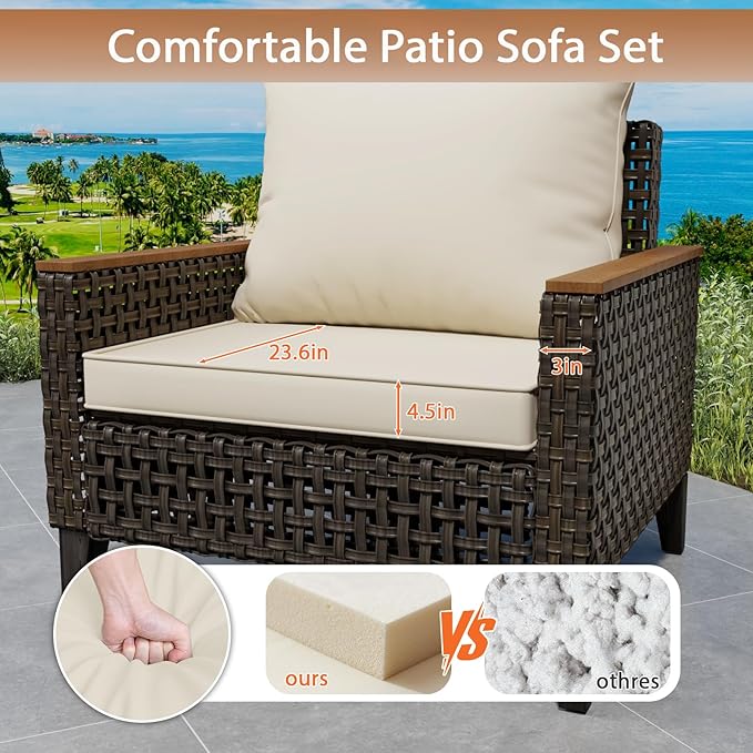 Xmkmvk 14 Piece Patio Sectional Sofa Furniture Set, All-Weather Wicker Rattan Outdoor Conversation Set with High Back and Thick Cushions, for Garden, Porch, Poolside, Beige