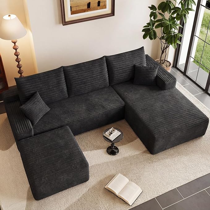 95" U-Shape Cloud Couch, Modern Modular Sectional L-Shape Sofa with Ottoman, Corduroy Upholstered Couches Deep Seat Sleeper Chaise Longue for Living Room, No Assembly Required(Black, Right Facing)