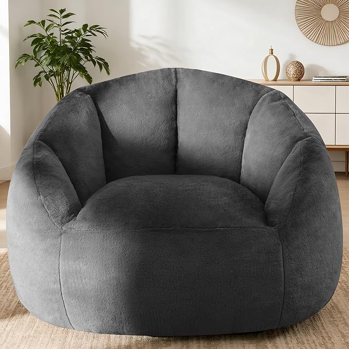 Giant Bean Bag Chair for Adults - Comfy Plush Round Shell Soft Accent Chair, Oversized Cozy Lounge Floor Sofa Reading Chair, Mini Couch for Living Room, Bedroom & Game Rooms, Gray