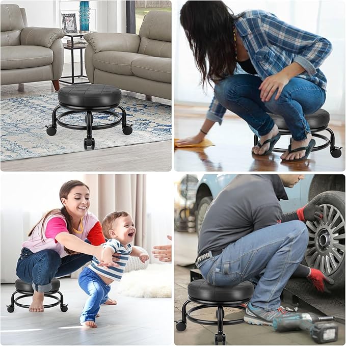 Low Roller Stool Low Height Rolling Stool Seat PU Leather Small Chair Foot Stool Round Rolling Stools for Home Office Garage Shop (Black)