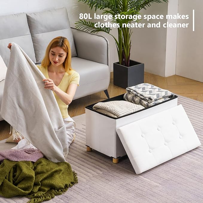 30 Inches Folding Storage Ottoman Bench, Velvet Storage Chest, Footrest Couch with Wooden Legs, Support 350lbs for Bedroom, Living Room, Hallway, White