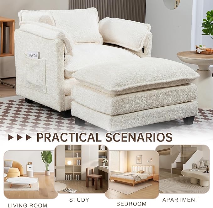 KEIKI Boucle Accent Chair with Storage & Ottoman, Oversized Reading Arm Chair w/Double Cushion, Modern Side Deep Seating Chairs Set, Corner Comfy Lounge Armchair for Living Room, Bedroom, White