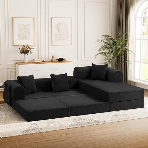 106.3" Oversized Convertible Sleeper Sofa Bed, L Shape Modular Sectional Cloud Sofa with Fixed-Shape Frame, Boneless Couch with Storage Pocket for Living Room, No Assembly Required, Black