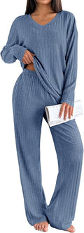 Ekouaer Lounge Sets for Women Long Sleeve Knit Ribbed Pajama Sets 2 Piece Casual Loungewear with Pockets