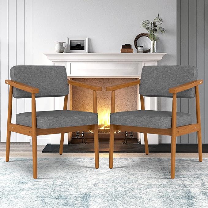 LSSPAID Mid Century Dining Chairs Set of 2, Grey Fabric Upholstered with Walnut Finished Handrails Comfy Backrest, Farmhouse Dining Room Chairs for Kitchen, Living Space & Restaurant
