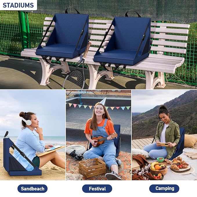 Stadium Seats with Back Support - Folding bleacher Chair for Beach and Camping - Portable Bleachers Cushions for Adults and Kids - Foldable Outdoor Lawn Bench for Camp(Blue)