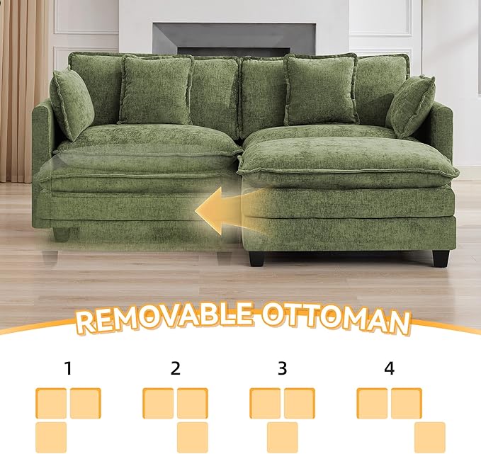 76'' Cloud Deep Seat Loveseat Sofa, Upholstered Chenille Modular 2-Seats Sectional Sofa Couch with Movable Ottoman, Modern Comfy Settee Loveseat for Living Room Set, Small Apartment, Green