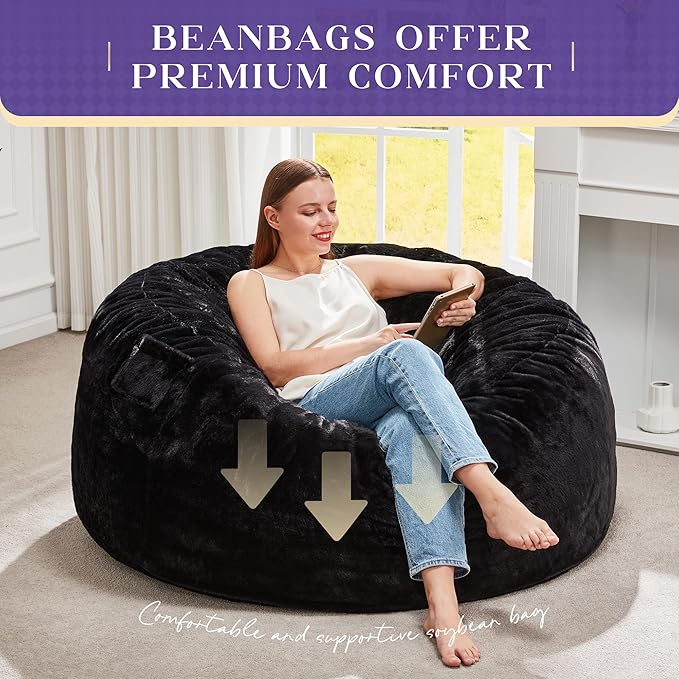 Hobestluk Bean Bag Chairs Giant Beanbag Chair with Filler, Memory Foam Bean Bags with Fluffy & Machine Washable Cover, Bean Bag Chairs for Aduts for Living Room, Bedroom (BLACK, 3FT - 36” x 36” x 22”)