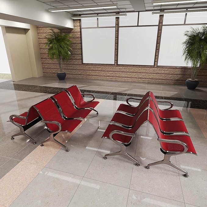 Kinfant 3-Seat Waiting Room Chair - Office Guest Reception Chairs with Ergonomic Backrests, Airport Waiting Bench with Armrests, Metal Waiting Furniture for Hospital, Bank (Dark Red, Set of 4)