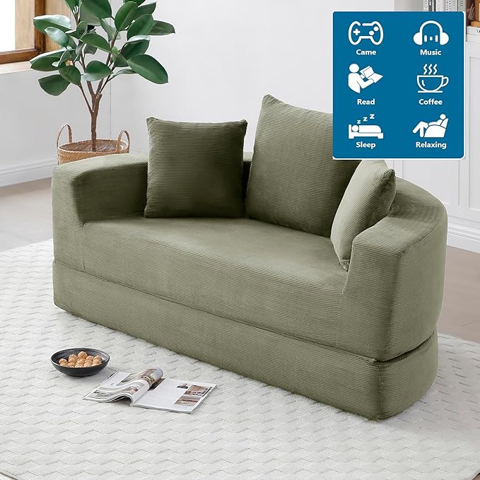67" Round Convertible Folding Sofa Bed, Boneless Couch Loveseat, Floor Sleeper Chaise Lounge for Living Room, Apartment, Dorm, Small Spaces, Green