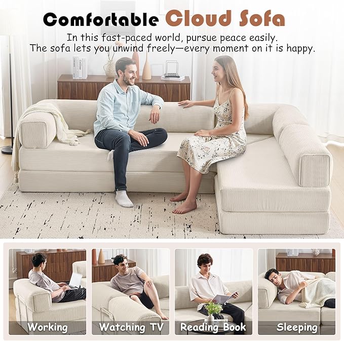 Modular Convertible Sofa Bed 106" L-Shaped with Reversible Chaise, Corduroy Floor Sleeper Boneless Couch, Folding Futon for Living Room, Apartment, Small Spaces, No Assembly Required, Beige