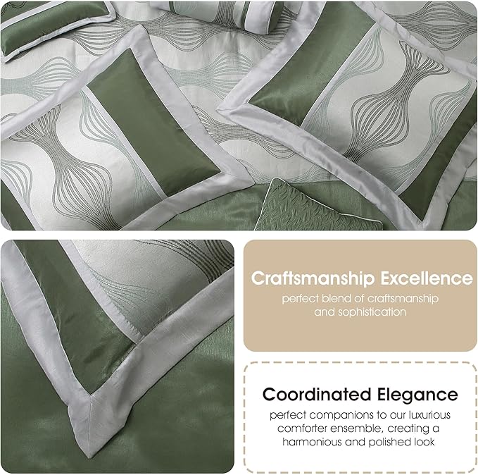 Grand Avenue 7 Piece Green Comforter Set, California King Size Jacquard Bedding Set, All Season Geometric Patchwork Bedding Set, Matching Pillows, Shams, Bed Skirt
