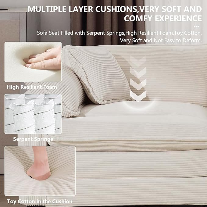 Aoowow Corduroy 4 Seater Sofa Couch,Modern Large Cloud Couches for Living Room,Tufted Modular Sectional Cloud Sofas with Deep Seat,Oversized 4 Seat Sofa Set (Beige, 4 Seater)
