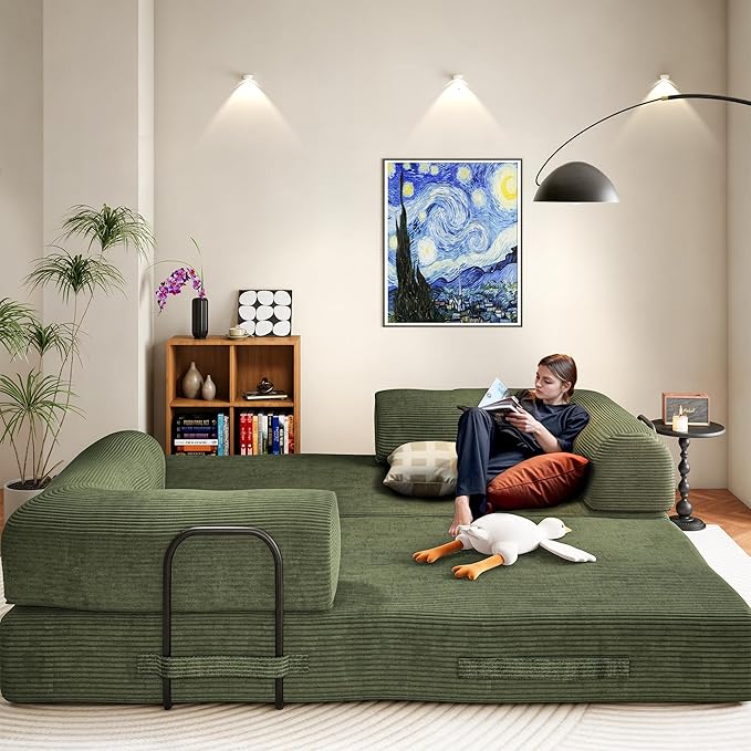 79" Convertible Sofa Bed, Boneless Corduroy Sleeper Foldable Modular Couch, Memory Foam Compressed Sofa in A Box,Folding Mattress Floor Couch for Small Space Living Room Apartment Bedroom,Light Green