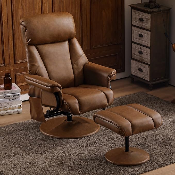 MCombo Swivel Recliner with Ottoman, TV Chair with Vibration Massage, Ideal for RV Small Space, Living Room & Bedroom 4539 4828 (Faux Leather, Saddle)