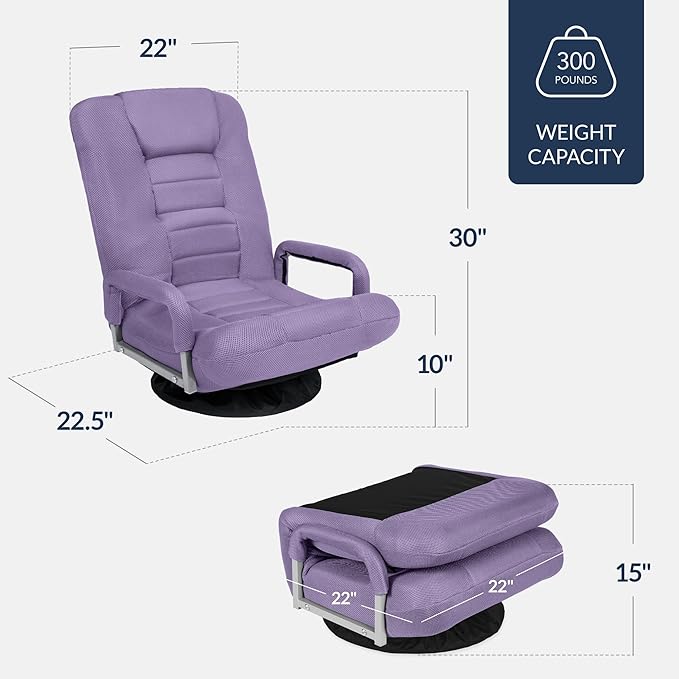 Best Choice Products Swivel Gaming Chair 360 Degree Multipurpose Floor Chair Rocker for TV, Reading, Playing Video Games w/Lumbar Support, Armrest Handles, Adjustable Foldable Backrest - Light Purple