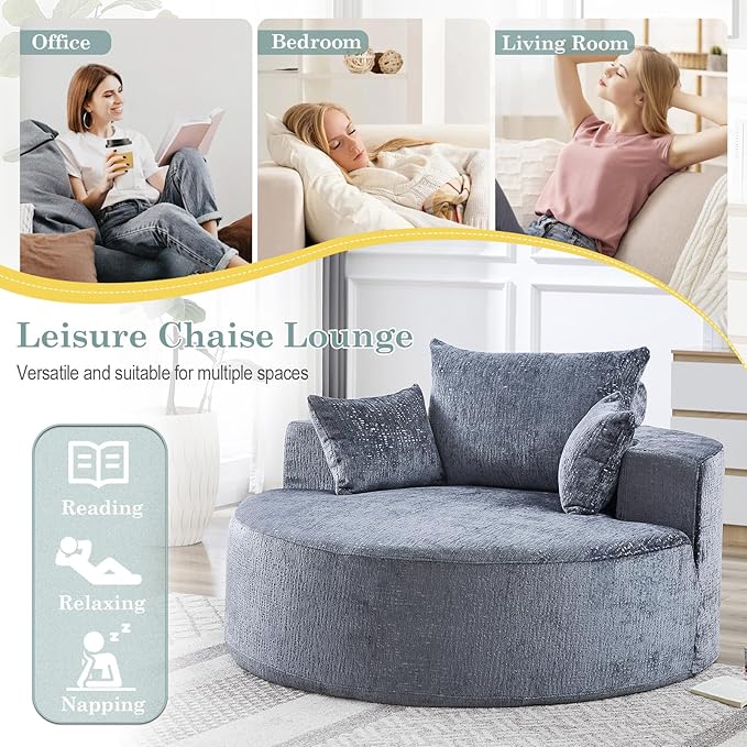 Oversized Round Chaise Longue Chair Indoor, Modern 55-inch Upholstered Chenille Deep Seat Circle Single Cloud Lounge Floor Sofa Chair for Living Room, Bedroom Apartment, Grey