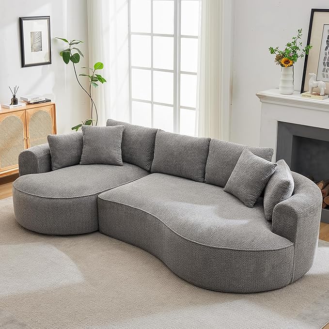 Opiesit 124" Oversized Boneless Couches for Living Room, Sectional Curved Sofa with 7 Pillows, L-Shape Boneless Couch with Deep Seat, High-Density Memory Foam, No Assembly Required, Chenille (Grey)