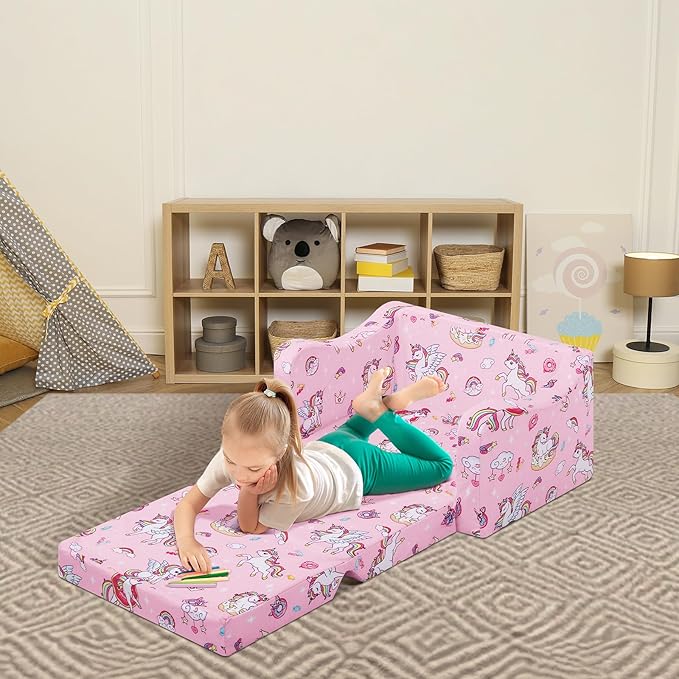 alldomess Comfy Kids Couch, 2-in-1 Folding Kids Sofa Bed for Toddler Girls, Convertible Sofa to Lounger Toddler Couch Chair for Baby Bedroom Playroom Nursery,Unicorns Candies
