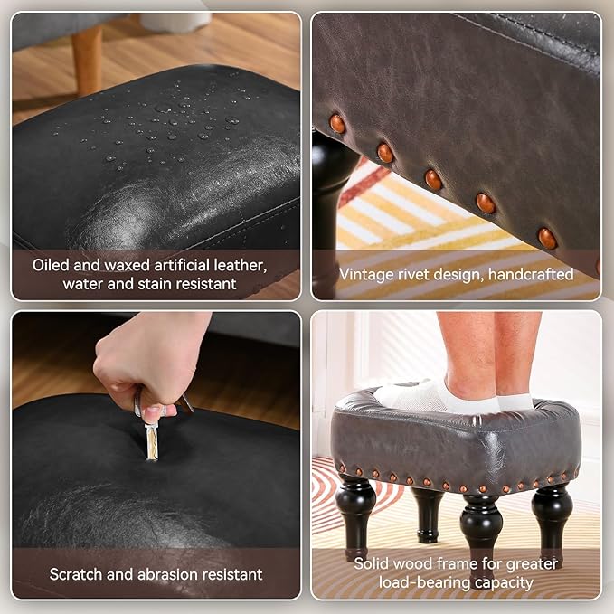DSGAMER Leather Footrest Wood Ottoman,Rustic Foot Stools Seat, Wood Footstool,Rectangle Footrest Small Ottoman for Bedroom, Living Room, Office，Entrance Hall (Black)