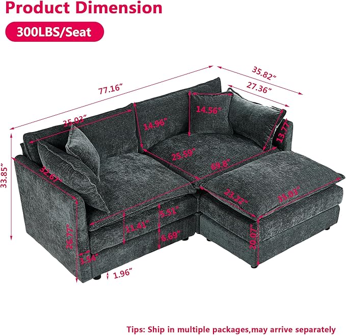 Aoowow Modular Sectional Sofa Modern Convertible Loveseat Couch,77.16 Inch Deep 2-Seater Sofas Comfy Chenille Cloud Sofas and Couches Set with Movable Ottoman for Living Room Apartment（Grey）