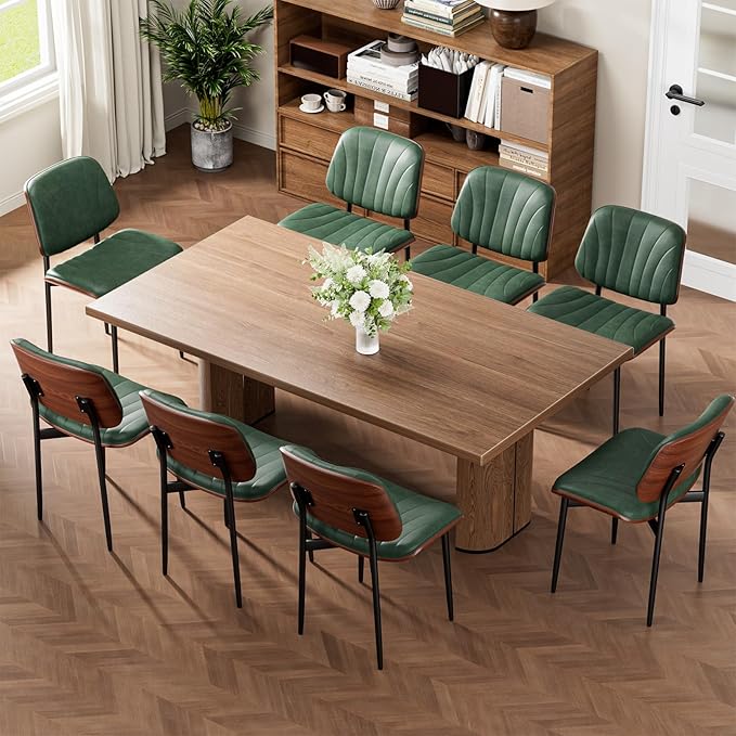 Dining Chairs Set of 2, Mid-Century Modern Upholstered PU Leather Chairs with Walnut Bentwood Back and Metal Legs Adjustable Feet for Kitchen Dining Room, Dark Green Shell Strips