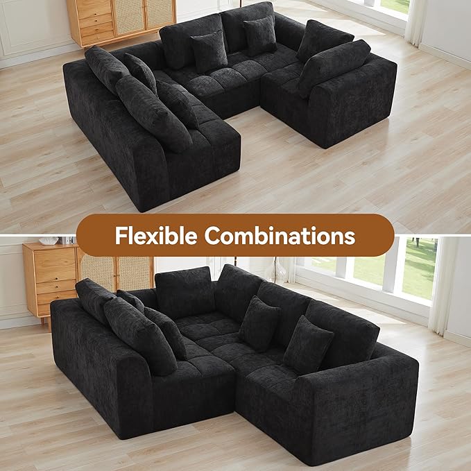 110''Modular Sectional Couches for Living Room, Cloud Boneless Compressed Sectional Sofa, Oversized U Shaped 5 Seater Upholstered Memory Foam Sofa, No Assembly, Chenille Black