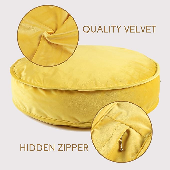 YIUOR Round Floor Pillow Cover Velvet Throw Seating Pouf Yoga Meditation Cushion Plush Case Reading Room Decor Cover Only (25.6IN, Yellow)