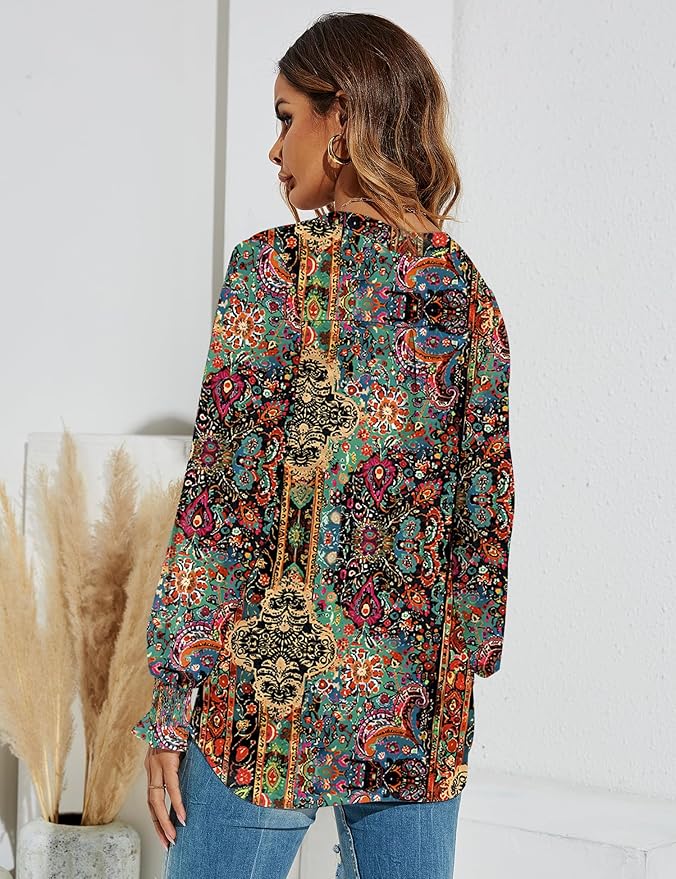 Romanstii Women's Casual V-Neck T-Shirts Loose Puff Long Sleeve Tops Tunic Blouses