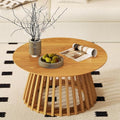 DUOMAY Modern Solid Wood Round Coffee Table with Geometric Base, Sturdy Wood Center Table for Living Room, Lounge, Office, Log Color