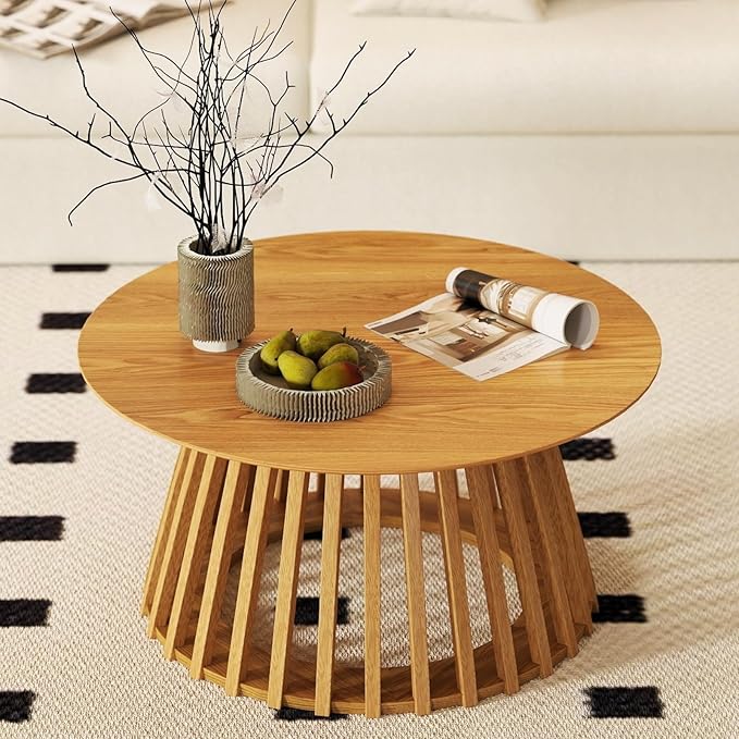 DUOMAY Modern Solid Wood Round Coffee Table with Geometric Base, Sturdy Wood Center Table for Living Room, Lounge, Office, Log Color
